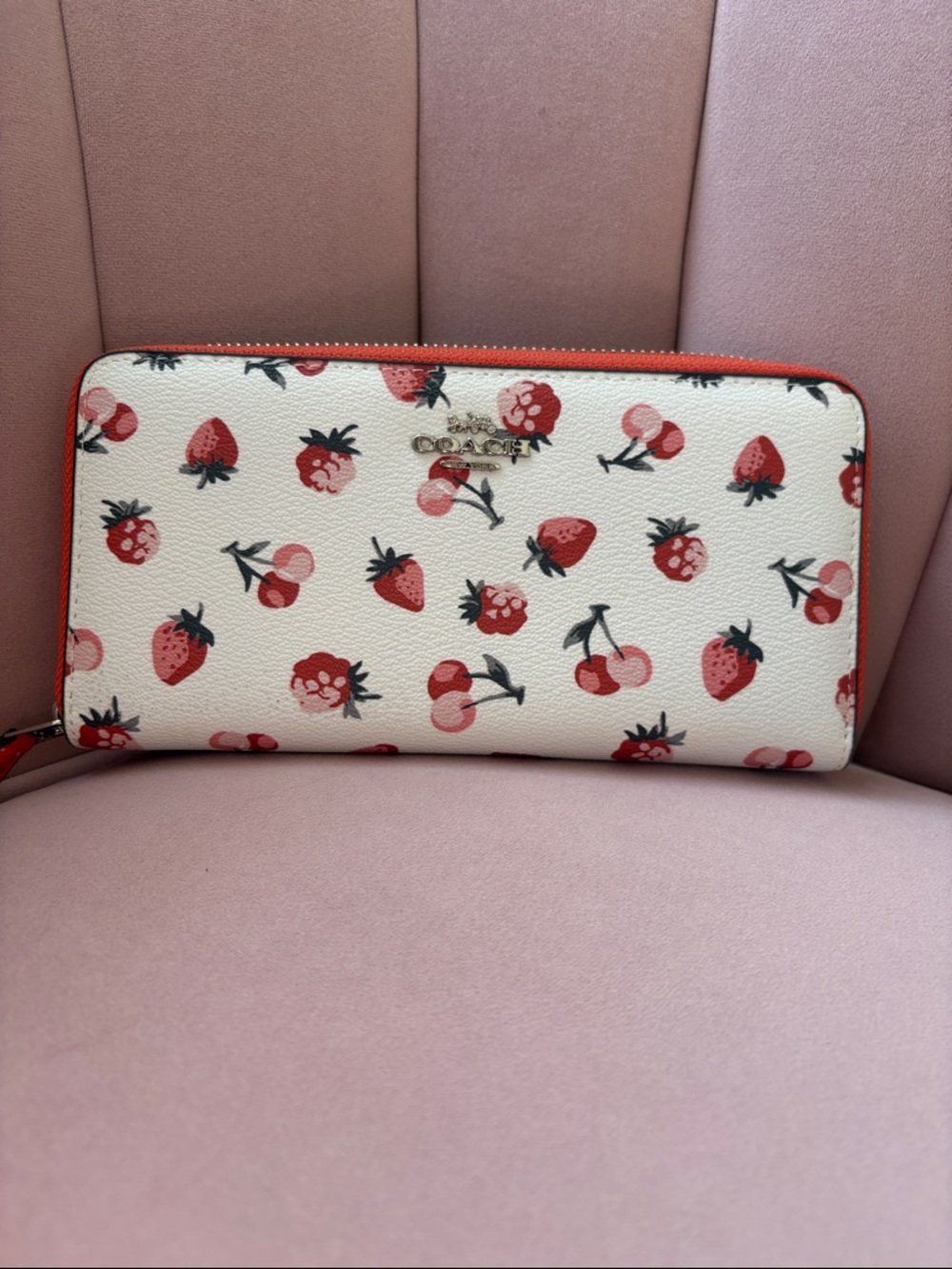 Coach Fruit Print Zip Around Wallet Strawberry Cherry Raspberry Nickel Hardware